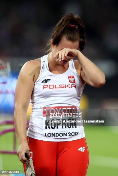 Malwina Kopron of Poland, bronze, reacts after the Women's Hammer final during day four of the 16th IAAF World Athletics Championships London 2017 at...