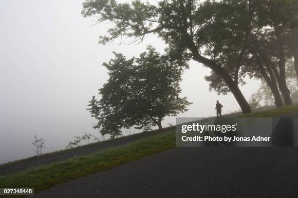 running in the fog by the water - jonas adner stock-fotos und bilder