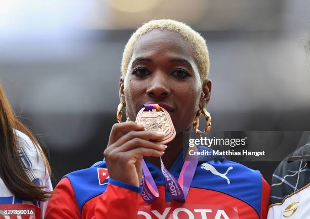 Yarisley Silva of Cuba poses with her bronze medal for the Women's Pole Vault during day four of the 16th IAAF World Athletics Championships London...