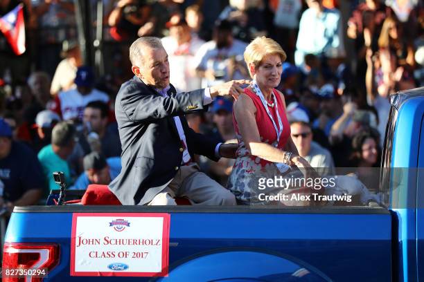 Inductee John Schuerholz arrives during the 2017 Hall of Fame Parade of Legends at the National Baseball Hall of Fame on Saturday July 29, 2017 in...