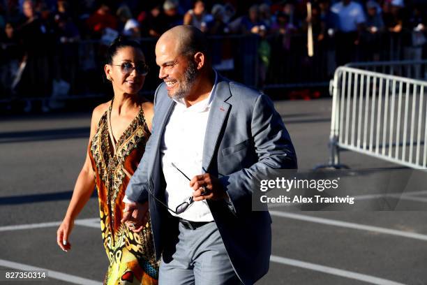 Inductee Ivan Rodriguez arrives during the 2017 Hall of Fame Parade of Legends at the National Baseball Hall of Fame on Saturday July 29, 2017 in...