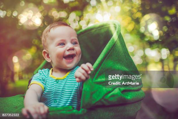 cute baby in carriage outdoors in summer - carriage stock pictures, royalty-free photos & images