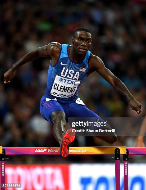 Kerron Clement of the United States competes in the Men's 400 metres hurdles semi finals during day four of the 16th IAAF World Athletics...