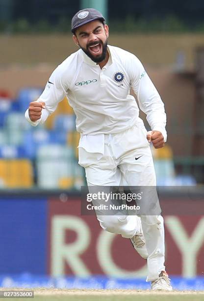 Indian cricket captain Virat Kolhi in celebration mood after Sri Lankan captain Dinesh Chandimal was dismissed during the 4th Day's play in the 2nd...