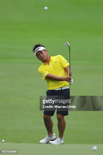 Yuta Ikeda of Japan plays a shot uring a practice round prior to the 2017 PGA Championship at Quail Hollow Club on August 7, 2017 in Charlotte, North...