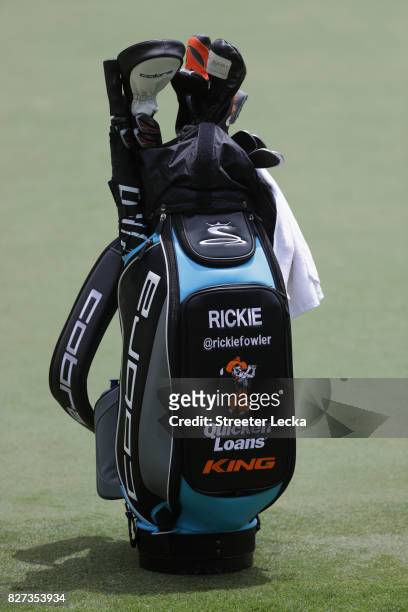 Golf bag belonging to Rickie Fowler of the United States is seen during a practice round prior to the 2017 PGA Championship at Quail Hollow Club on...