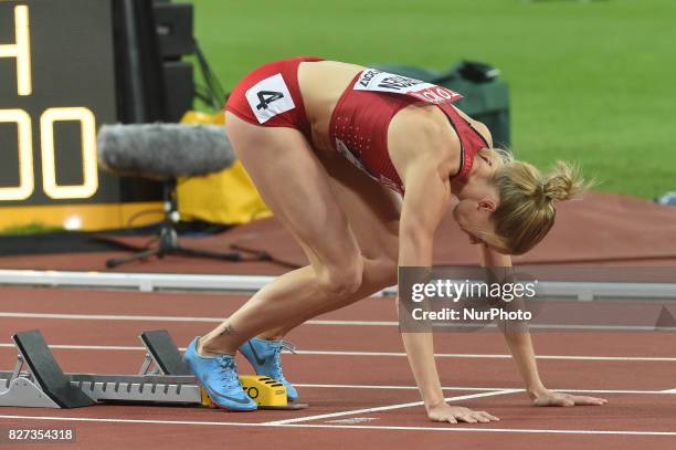 Sara Slott PETERSEN, Denmark, during 400 meter hurdle heats in London on August 7, 2017 at the 2017 IAAF World Championships athletics.