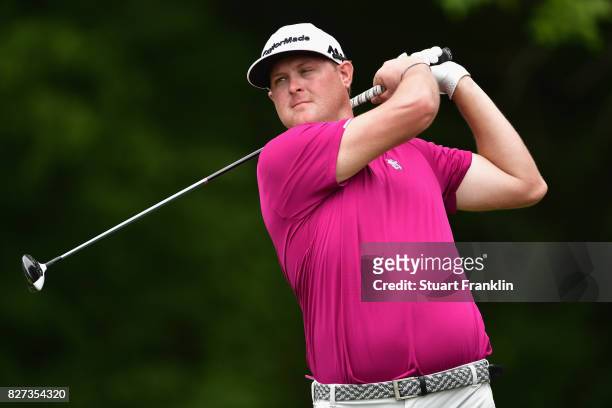 Kenny Pigman hits off a tee during a practice round prior to the 2017 PGA Championship at Quail Hollow Club on August 7, 2017 in Charlotte, North...