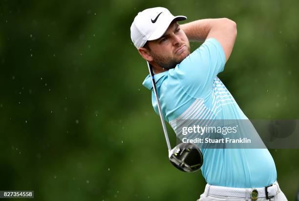 Jordan Smith of England hits off a tee during a practice round prior to the 2017 PGA Championship at Quail Hollow Club on August 7, 2017 in...
