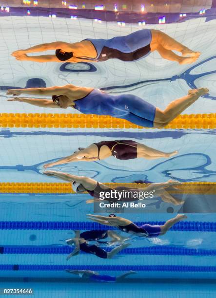 Franziska Hentke of Germany and Yufei Zhang of China compete during the Women's 200m Butterfly final on day fourteen of the Budapest 2017 FINA World...