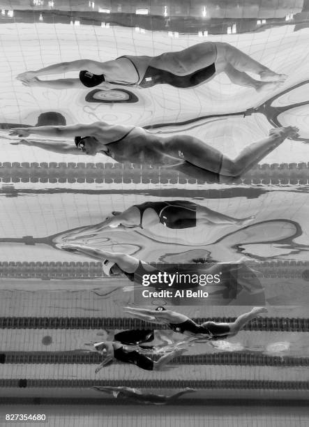 Franziska Hentke of Germany and Yufei Zhang of China compete during the Women's 200m Butterfly final on day fourteen of the Budapest 2017 FINA World...