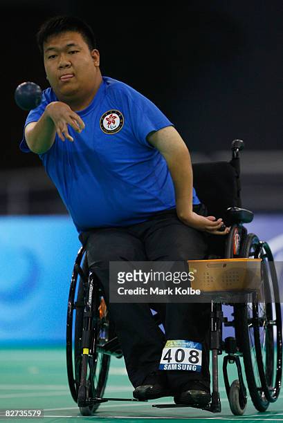 Yuk Wing Leung of Hong Kong competes in the mixed individual BC4 Boccia match against Dirceu Pinto of Brazil at the Fencing Hall of National...
