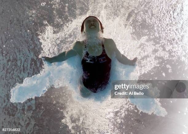 Un Hyang Kim of The Democratic People's Republic of Korea competes during the Womens 1M Springboard Diving, preliminary round on day one of the...