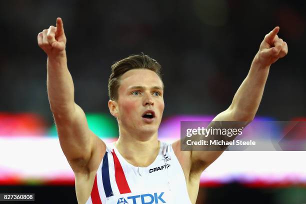 Karsten Warholm of Norway reacts after competing in the Men's 400 metres hurdles semi finals during day four of the 16th IAAF World Athletics...