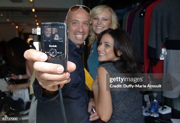 Celebrity Stylist Robert Verdi, Actress Malin Akerman and Actress Emmanuelle Chriqui with the Kodak Zi6 Camera attends Microsoft's Great American...