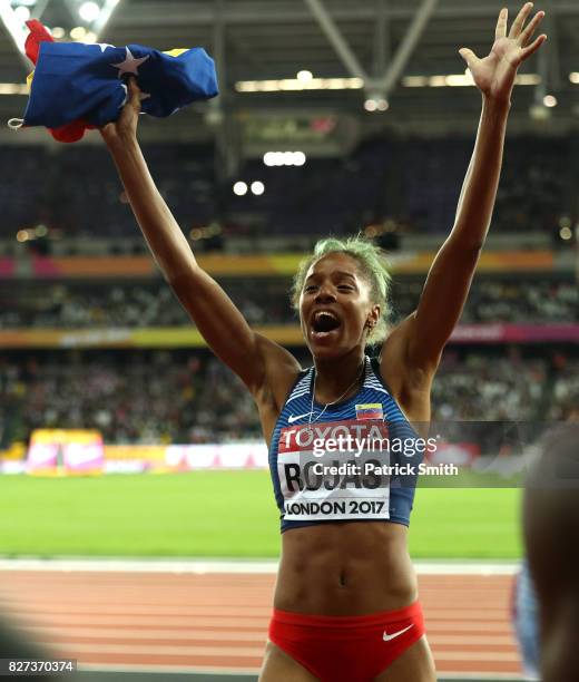 Yulimar Rojas of Venezuela celebrates after winning the Women's Triple Jump final during day four of the 16th IAAF World Athletics Championships...