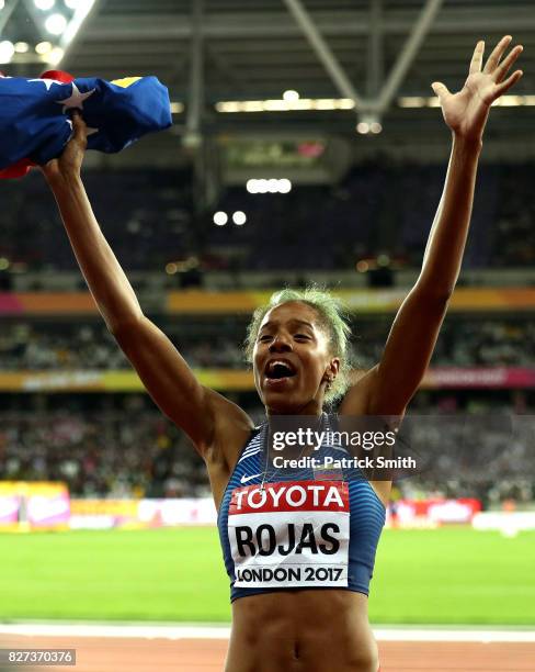 Yulimar Rojas of Venezuela celebrates after winning the Women's Triple Jump final during day four of the 16th IAAF World Athletics Championships...