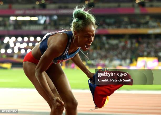 Yulimar Rojas of Venezuela celebrates after winning the Women's Triple Jump final during day four of the 16th IAAF World Athletics Championships...