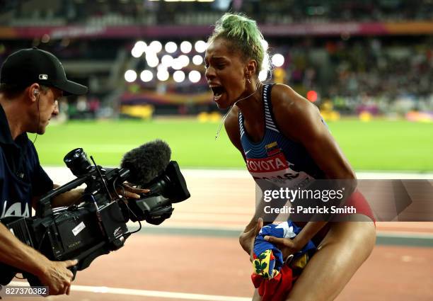 Yulimar Rojas of Venezuela celebrates after winning the Women's Triple Jump final during day four of the 16th IAAF World Athletics Championships...