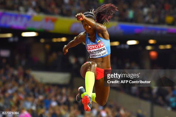 Colombia's Caterine Ibarguen competes in the final of the women's triple jump athletics event at the 2017 IAAF World Championships at the London...