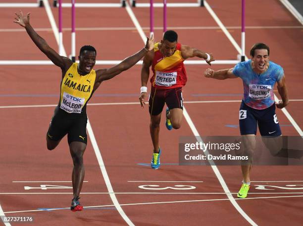 Omar McLeod of Jamaica celebrates after winning the Men's 110 metres hurdles final ahead of Authorised Neutral Athlete Sergey Shubenkov during day...