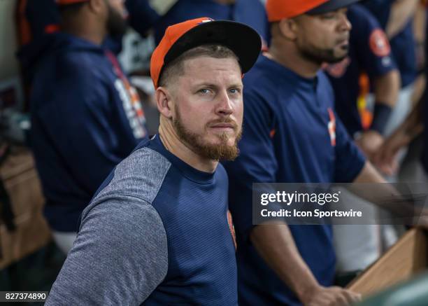 Houston Astros relief pitcher Chris Devenski is in the dugout during the MLB game between the Toronto Blue Jays and Houston Astros on August 6, 2016...