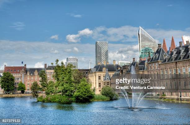 the binnenhof across the hofvijver - the hague - the netherlands - the hague stock pictures, royalty-free photos & images