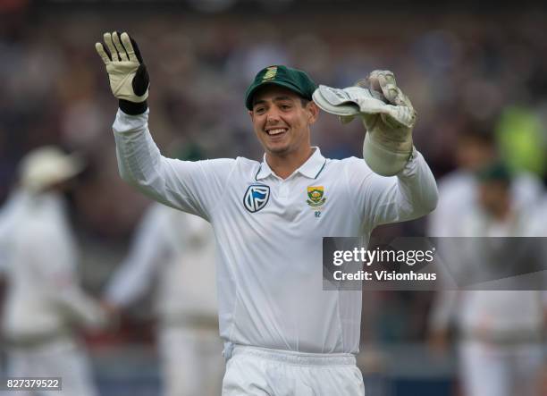 South African wicket keeper Quinton de Kock celebrates the wicket of Jonny Bairstow during the third day of the fourth test between England and South...