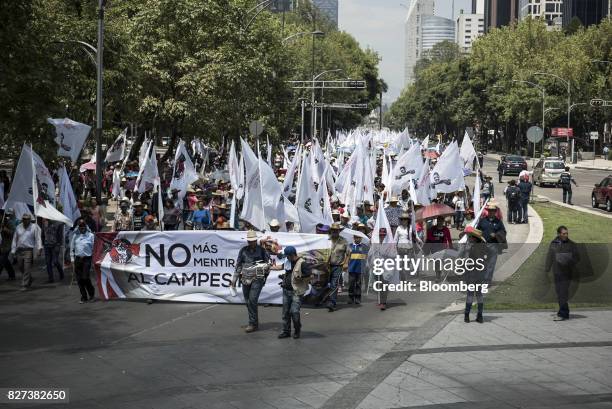 Farmers and supporters hold signs during a protest against the North American Free Trade Agreement on the anniversary of the revolutionary leader...