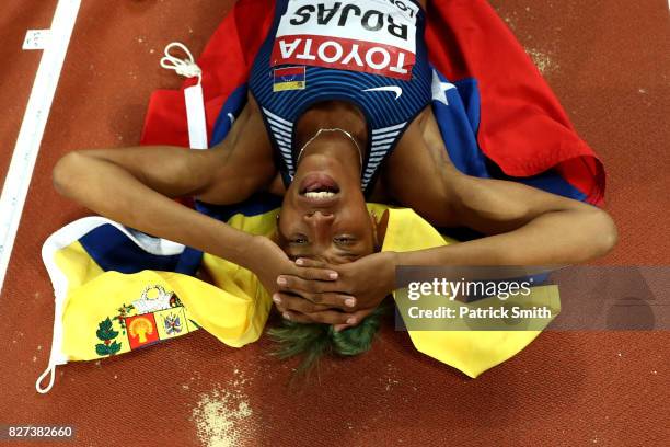 Yulimar Rojas of Venezuela celebrates after winning the the Women's Triple Jump final during day four of the 16th IAAF World Athletics Championships...