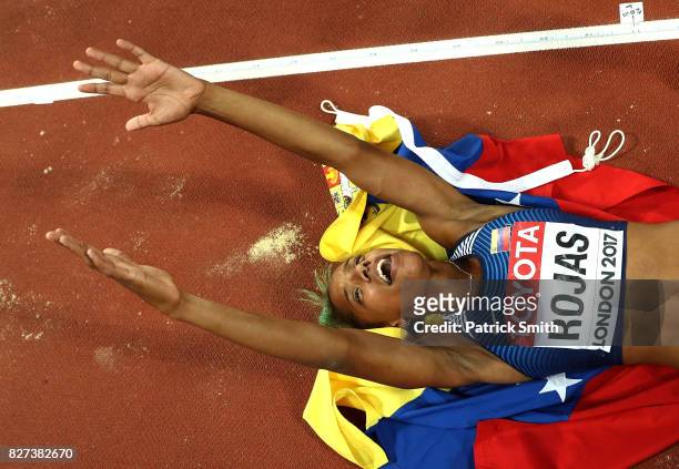 Yulimar Rojas of Venezuela celebrates after winning the the Women's Triple Jump final during day four of the 16th IAAF World Athletics Championships...