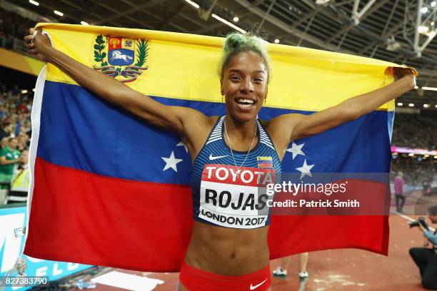 Yulimar Rojas of Venezuela celebrates after winning the the Women's Triple Jump final during day four of the 16th IAAF World Athletics Championships...