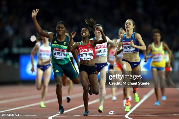 Faith Chepngetich Kipyegon of Kenya, gold, Jennifer Simpson of the United States, silver, and Caster Semenya of South Africa, bronze, cross the...