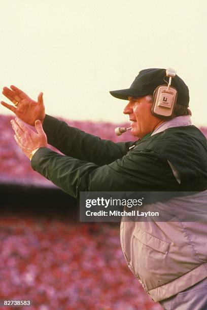 George Perles, head coach of the Michigan State Spartans, during a college football game against the Ohio State Buckeyes on October 31, 1989 at Ohio...