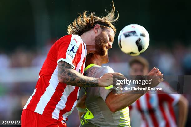 Nico Herzig of Steinbach does a header during the preseason friendly match between TSV Steinbach and 1. FC Koeln at Sibre-Sportzentrum Haarwasen on...