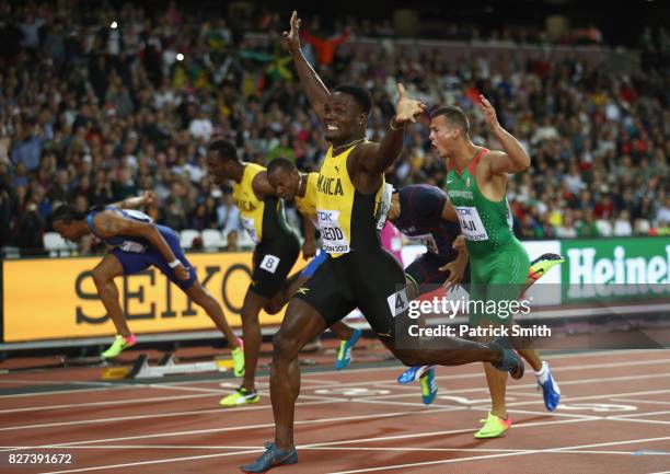 Omar McLeod of Jamaica crosses the finishline to win the Men's 110 metres hurdles final during day four of the 16th IAAF World Athletics...