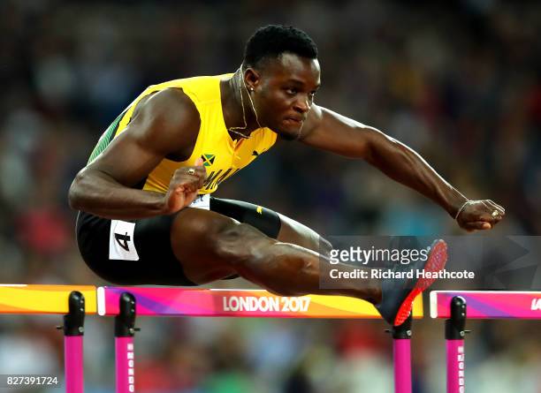 Omar McLeod of Jamaica competes in the Men's 110 metres hurdles final during day four of the 16th IAAF World Athletics Championships London 2017 at...