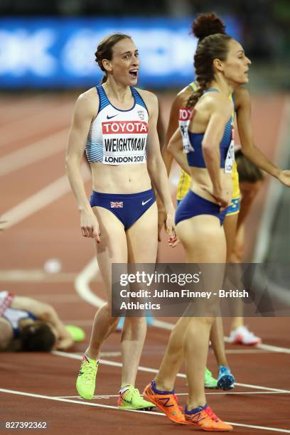 Laura Weightman of Great Britain reacts after she crosses the finish line in the womens 1500m final during day four of the 16th IAAF World Athletics...