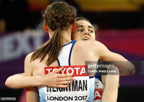 Laura Weightman of Great Britain and Laura Muir of Great Britain hug after the womens 1500m final during day four of the 16th IAAF World Athletics...