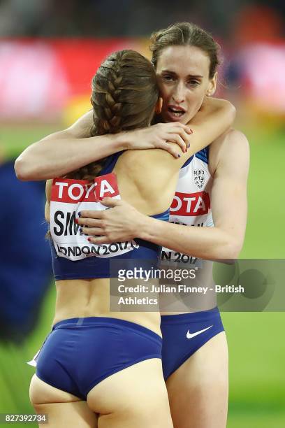 Laura Weightman of Great Britain and Jennifer Simpson of the United States hug after the womens 1500m final during day four of the 16th IAAF World...
