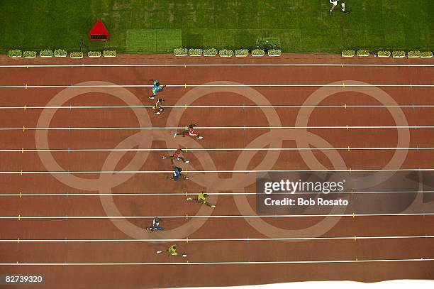 Summer Olympics: Aerial view of Jamaica Usain Bolt in action, winning Men's 100M Semifinal 1 vs USA Walter Dix at National Stadium . Beijing, China...