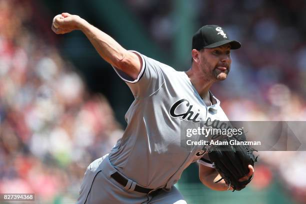 Mike Pelfrey of the Chicago White Sox delivers in the first inning of a game against the Boston Red Sox at Fenway Park on August 6, 2017 in Boston,...