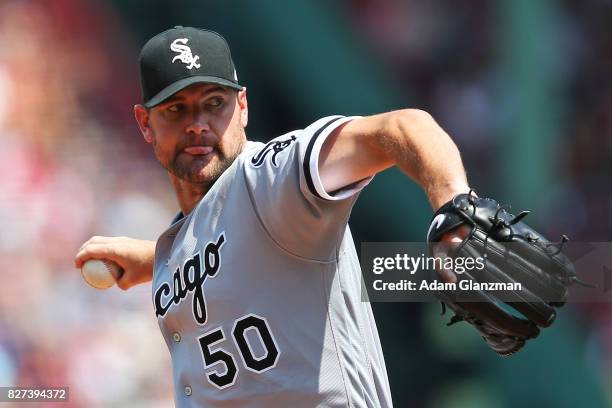 Mike Pelfrey of the Chicago White Sox delivers in the first inning of a game against the Boston Red Sox at Fenway Park on August 6, 2017 in Boston,...