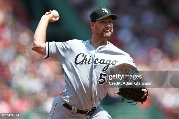 Mike Pelfrey of the Chicago White Sox delivers in the first inning of a game against the Boston Red Sox at Fenway Park on August 6, 2017 in Boston,...