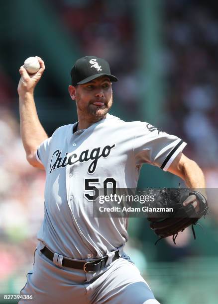 Mike Pelfrey of the Chicago White Sox delivers in the first inning of a game against the Boston Red Sox at Fenway Park on August 6, 2017 in Boston,...