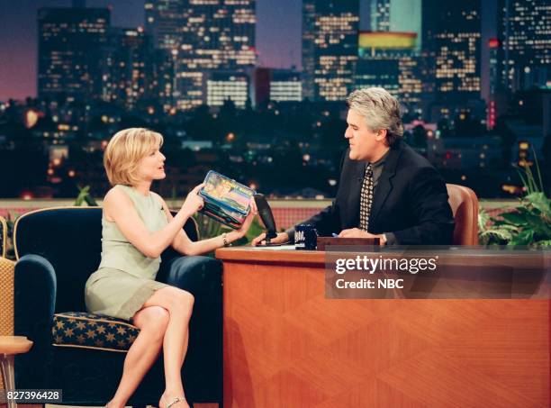 Pictured: Actress Courtney Thorne-Smith during an interview with host Jay Leno on April 2, 1999 --