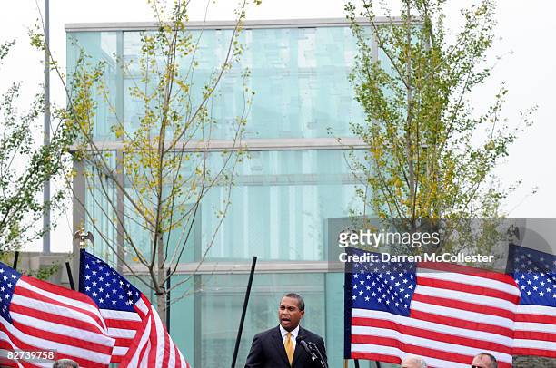 Massachusetts Governor Deval Patrick speaks during the unveiling of the Boston Logan International Airport 9-11 Memorial for victims of flights...