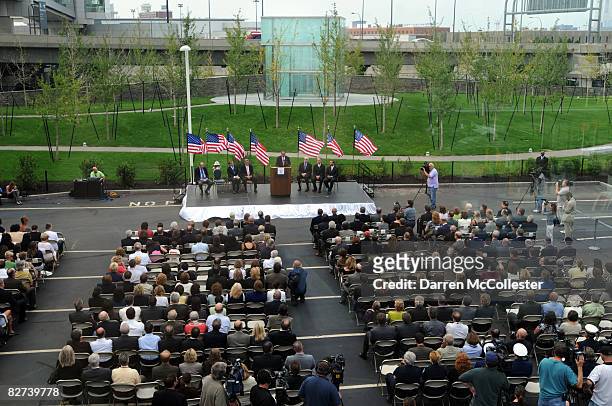 Family members, friends, and dignitaries attend the unveiling of the Boston Logan International Airport 9-11 Memorial for victims of flights United...