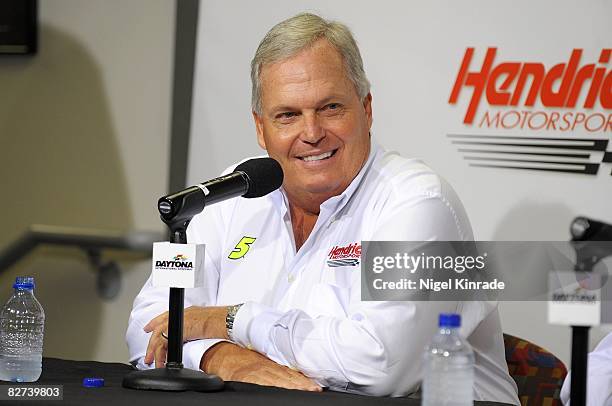 Coke Zero 400: Closeup of Hendrick Motorsports team owner Rick Hendrick during media press conference announcing that Mark Martin will race Chevrolet...