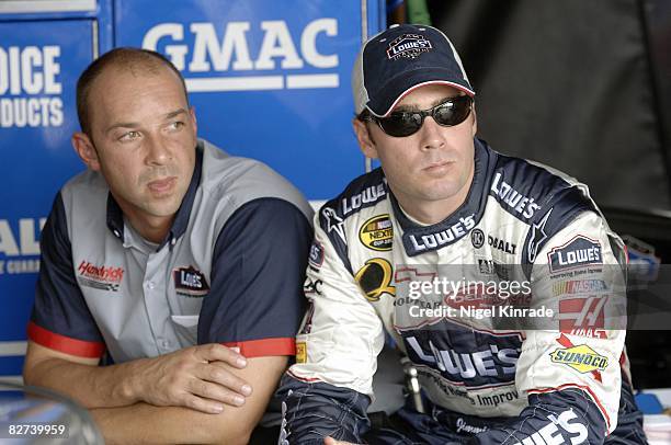 RacePoints 400: Closeup of Jimmie Johnson and crew chief Chad Knaus before race at Dover International Speedway. Dover, DE 9/25/2005 CREDIT: Nigel...